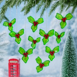 AceOrbit 24 Pcs Sea Glass Holly Christmas Tree Ornaments Pendant 1.5 Inch Sea Glass Crafts Coastal Hanging Decorative for Christmas Tree Centerpiece Home Beach Weddings Decor