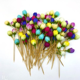 ZANTIAO 100pcs Multicolor Flower Bud Toothpicks, 4.7 Inch Fancy Sticks for Appetizers, Handmade Bamboo Appetizer Fruit Skewers Food Picks for Wedding Valentines Holiday Party Decoration (Flower Bud)