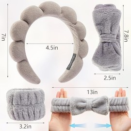 Cozy Manor Skincare Headband Spa Headband for Women Cute head band for washing face Soft Elastic 6 Pack Skin Care Headband and Wristband Set (grey)
