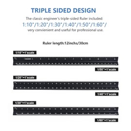 Engineer Scale Ruler, Imperial Measurements 12'', Laser-Etched Aluminum Architect Triangular Ruler Black for Architects, Students, Draftsman, and Engineers