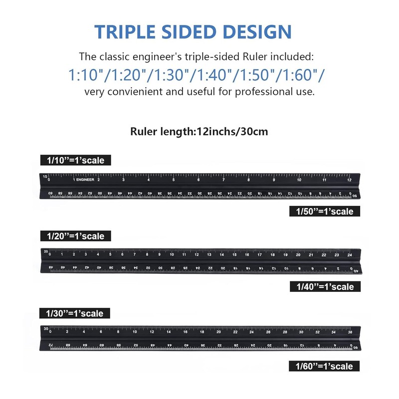 Engineer Scale Ruler, Imperial Measurements 12'', Laser-Etched Aluminum Architect Triangular
