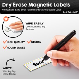 Attractivia Dry Erase Magnetic Labels 2.8 x 1.2 in, with Pattern Borders, Dry Erase Magnets, 60-Pack, White Erasable Write-On Labels, for Office, Education, Home, Whiteboard