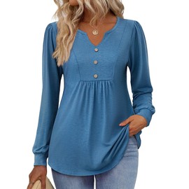 Zeagoo Womens Tops Casual Oversized Tshirts Pleated Henley V-Neck Shirts Fall Long Sleeve Tunic Top Loose Fit Hide Belly Pleated Dressy Blouse Blue