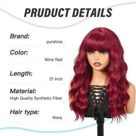 purshine Long Wine Red Wig for Women, 21 Inch Long Curly Middle Part Wig, Synthetic Fiber Wig, Realistic Scalp, Suitable for Daily Parties