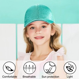 Girls' Baseball Cap Children's Glitter Baseball Cap Ponytail Hats Shiny Adjustable Sun Hat Little Girls Summer Baseball Cap for 3-8 Years Old, sky blue