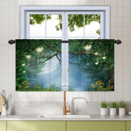Renaiss 26 x 36 Inch Fairytale Forest Privacy Half Window Tier Curtains for Bathroom RV Docor Misty Fantasy Wonderland Linen Window Treatment Flower Toddler Nursery Room Drapes with Back Tab 2 Panels