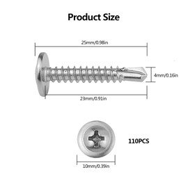 GGXZHT Pack of 110 Self-Tapping Screws Drilling Screws Stainless Steel 410 (M4.2 x 25 mm) - Tapping Screws for Metal, Wood, Concrete - Phillips Countersunk Head (Silver)