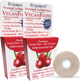 Eco-Dent VeganFloss Dental Floss, Waxed, Cranberry-Aloe - Floss with Vegan Plant-Based Wax, Recyclable Cardboard Packaging, 100 Yds (Pack of 2)