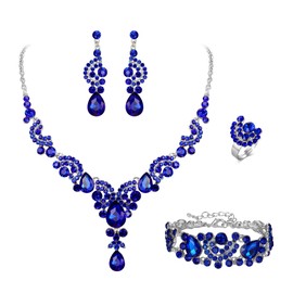 EVER FAITH Costume Rhinestone Jewelry Sets for Women, Crystal Floral Wave Teardrop Necklace Dangle Earrings Bracelet Ring Set Royal Blue Silver-Tone