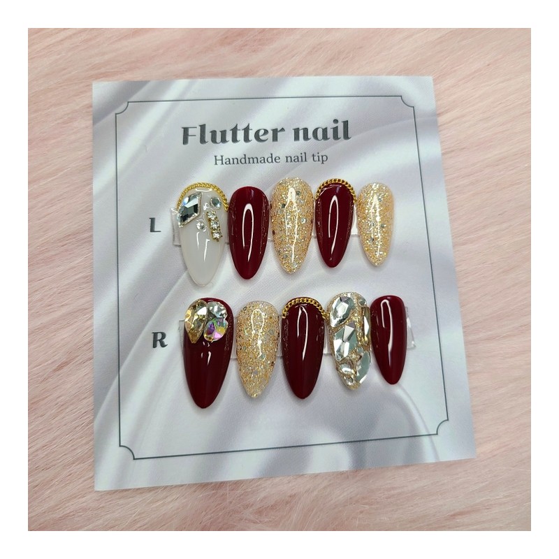 Burgundy & Gold Glitter Full Parts Handmade Nail Tips -