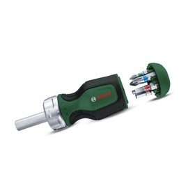 Bosch Stubby Ratchet Screwdriver with Bit Magazine, 6-Piece (Compact High Torque Ratchet Screwdriver, 6 Bits - PZ1/2, PH2, SL4, TX25, HEX5; Ergonomic; Magnetic Bit Holder)