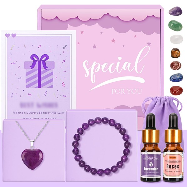 BaiCai Healing Crystals Stones Set, Spiritual Gifts for Women Amethyst Crystal Gifts for Her Anxiety Relief Chakra Healing Stones, Birthday Gift Natural Crystal for Beginners,Meditation,Yoga