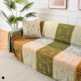 FinalNest Bohemian Tribal Throws Blankets Reversible Colorful Red Blue Boho Hippie Chenille Jacquard Fabric Throw Covers Large Couch Furniture Sofa Chair Loveseat Recliner Oversized (Green, L:102x87)