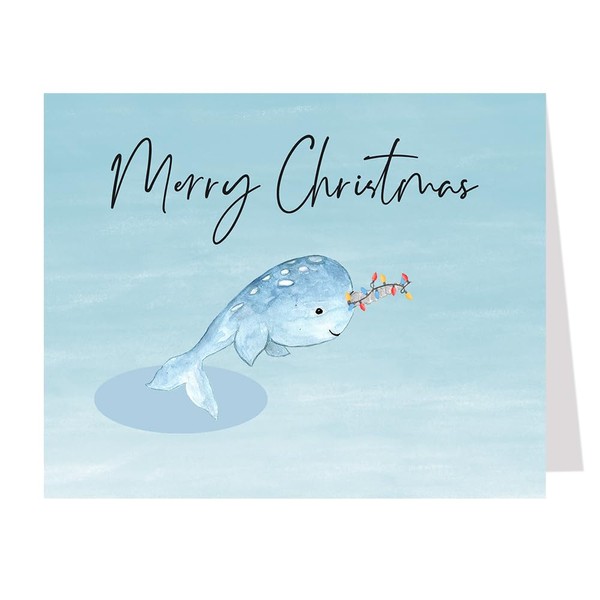 The Invite Lady Narwhal Christmas Cards Watercolor Winter Holiday Greeting Card Cute Adorable Unicorn Fish Ice Ocean Sea Blue Seasons Greetings Merry Xmas Printed Folding Card (12 Count)