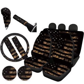 FKELYI American Flag Patriotic Decor Car Seat Covers Full Set,Camo Hunting Car Front Rear Seat Covers with Gear Shift Cover&Handbrake Cover,Cup Coasters,Steering Wheel Cover Seat Belt Pads