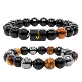 ZZ ZINFANDEL Initial Letter Black Obsidian Beaded Bracelets for Men, Mens Triple Protection Bracelet,10mm Natural Black Onyx Tiger Eye Stone Beads Bracelets (J)