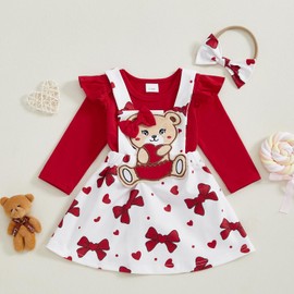 Nicoxijia Newborn Baby Girl Valentine's Day Skirt Outfits Heart Print Ribbed Romper Corduroy Suspender Dress 2Pcs Skirt Set (E-Red, 3-6 Months)