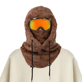 Winter Hat Hood, Windproof Plush Sherpa Ski Mask Adjustable Balaclava Face Mask Kids Winter Warm Motorcycle Mask Hat for Outdoor Activities Skiing Motorcycle Running Riding Brown