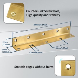 L Bracket, Heavy Duty Corner Brace, 4 Pack 8 Inch Stainless Steel Shelf Bracket Angle Bracket for Shelves, Gold Metal Braces for Wood, 200mm Overall Length