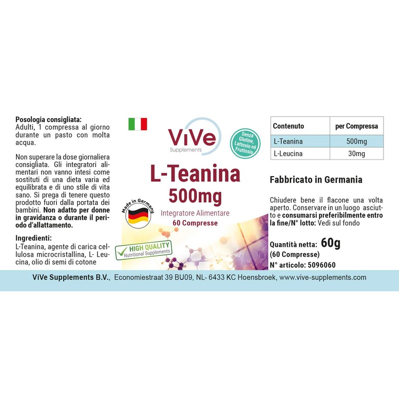 L-Theanine Tablets, 500 mg, 60 Tablets, High Dose, Vegan, Quality