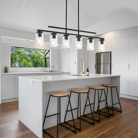 BONLICHT Black Farmhouse Chandelier for Dining Room,Modern 6-Light Linear Pendant Lighting Rectangular Farmhouse Chandelier Rustic Kitchen Island Light Fixture Over Table with Clear Hammered Glass