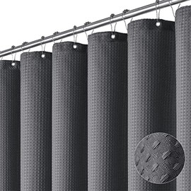 Dynamene Extra Long Shower Curtain - 96 Inch Long Waffle Weave Weighted Thick Cloth Bathroom Shower Curtain, Neutral Heavy Duty Hotel Bath Curtain Set with 12 Plastic Hooks,72x96, Charcoal Grey