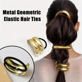 6 Pieces Metal Hair Ties, Metal Geometric Elastic Hair Ties, Gold Hair Cuff Wrap Hair Ties for Thick Hair, Gold Ponytail Cuff, Elastic Hair Ties for Women, Hair Accessories