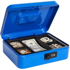 Cash Box with Combination Lock, Metal Money Box for Cash, Lovndi Lock Box with Money Tray, 9.84 x 7.87 x 3.54 Inches, Blue