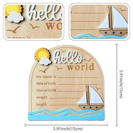 Baby Announcement Sign, 5.9 Inch Wooden Hello World Newborn Signs, Birth Announcement Sign and Pen, Sun and Sailboats Decoration, Welcome Newborn Arrival to World, Hospital Nursery for Baby (White)