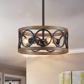 peskoe Farmhouse Pendant Light, Ceiling Light for Bedroom Hallway Kitchen Entryway, Dining Room Light Fixtures 3-Light Nickel and Wood Grain Metal Hanging Lamp