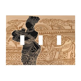 African Woman 3 Gang Triple Wall Plate Zebra Elephants Decorative Electrical Facplate Black Girl Light Switch Cover Receptacle for Bathroom Kitchen Home