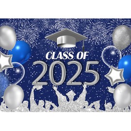 LYCGS 7x5ft Graduation Backdrop Navy Blue and Silver 2025 Graduation Party Backdrop for Class Celebration Prom Decor Banner X-52