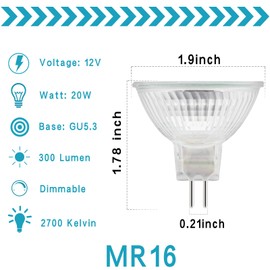 EKSAVE MR16 Halogen Bulbs 12V 20W GU5.3 Bi-Pin Base Spotlight Dimmable Warm White 2700K（Pack of 4）