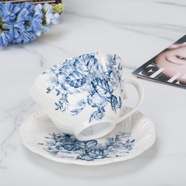 fanquare 8 Ounce Blue and White Tea Cup and Saucer Set, Relief Porcelain Coffee Cup with Ruffled Rim, Vintage Teacups for Women and Tea Parties