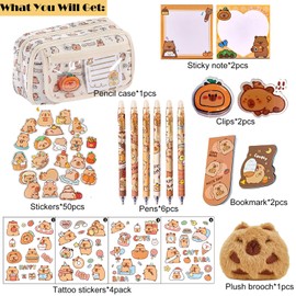 Capybara Pencil Case with Pencil Holder, Capybara Pens, Bookmarks, Stickers, Capybara Brooch, Sticky Notes and Clips Capybara Stationery Gift Set