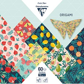 Clairefontaine - Ref 95357C - Origami Paper (Pack of 60 Sheets) - 15 x 15cm in Size, 70gsm Paper, Printed Design on Front & Plain Backs - Fruity Garden Patterns
