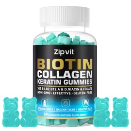 Zipvit Biotin Collagen Gummies – Hair Skin and Nails Vitamins for Women & Men – Hair Growth Vitamins: B1, B2, B3, B6, B7, Collagen, Keratin, Vitamin A & D – Hair Growth Supplement – 60 Gummy Bears