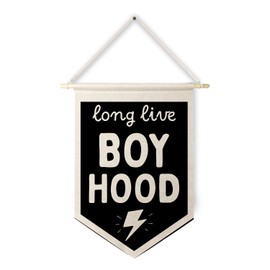 Qpenm Long Live Boyhood Wall Hanging Canvas Banner, Boys Room Decor, Modern Black and White Lightning Nursery Hanging Pennant Flag Posters Prints for Toddler Baby Little Boy Kids Room Playroom Decor