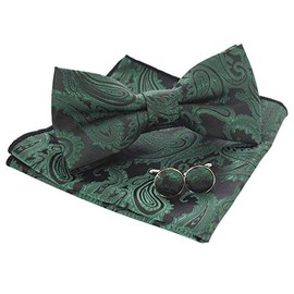 Jemygins Paisley Bow Tie, Men’s Pocket Handkerchief and Cufflinks Set - dark green, size: m