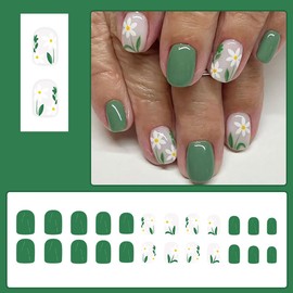 24Pcs Flower Press on Nails Short Square Fake Nails White Daisy Floral Acrylic Nails Green Glossy Full Cover False Nails Spring Summer Design Glue on Artificial Nails for Women Manicure Supplies