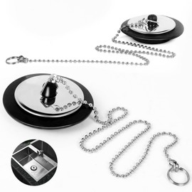 2 PCs Universal Bath Plug with Chain, Bathroom Sink Plug Replacement, Kitchen Sink Plug Replacement, Drain Stopper for Bathroom Kitchen, Bath Plug and Chain (Size 4.3cm/1.7in, Chain 40cm/15.7in)