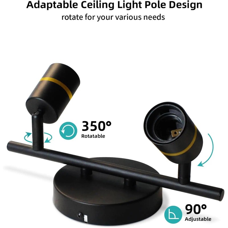 2 Heads Spotlight Adjustable E26 Wall Lamp Surface Mounted Black