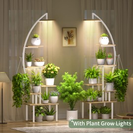 BACEKOLL Plant Stand Indoor with Grow Lights, 7 Tiered Metal Plant Stand for Indoor Plants Multiple, Large Plant Shelf Display Rack, Half-Moon-Shaped Tall Plant Holder for Living Room, Patio (White)