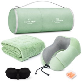 urnexttour Travel Pillow and Blanket Set Neck Pillows Soft Blankets with Sleep Mask Travel Essentials for Airplane Car Memory Foam Sage Green
