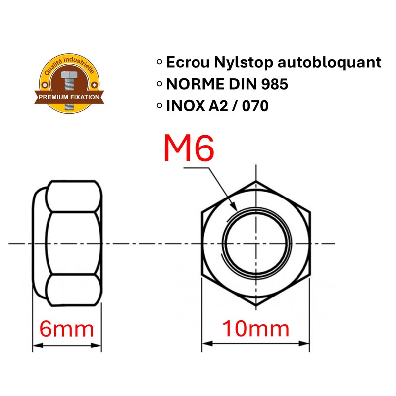 ProRaje Pack of 10 NYLSTOP Nuts M6 Stainless Steel Undelayed