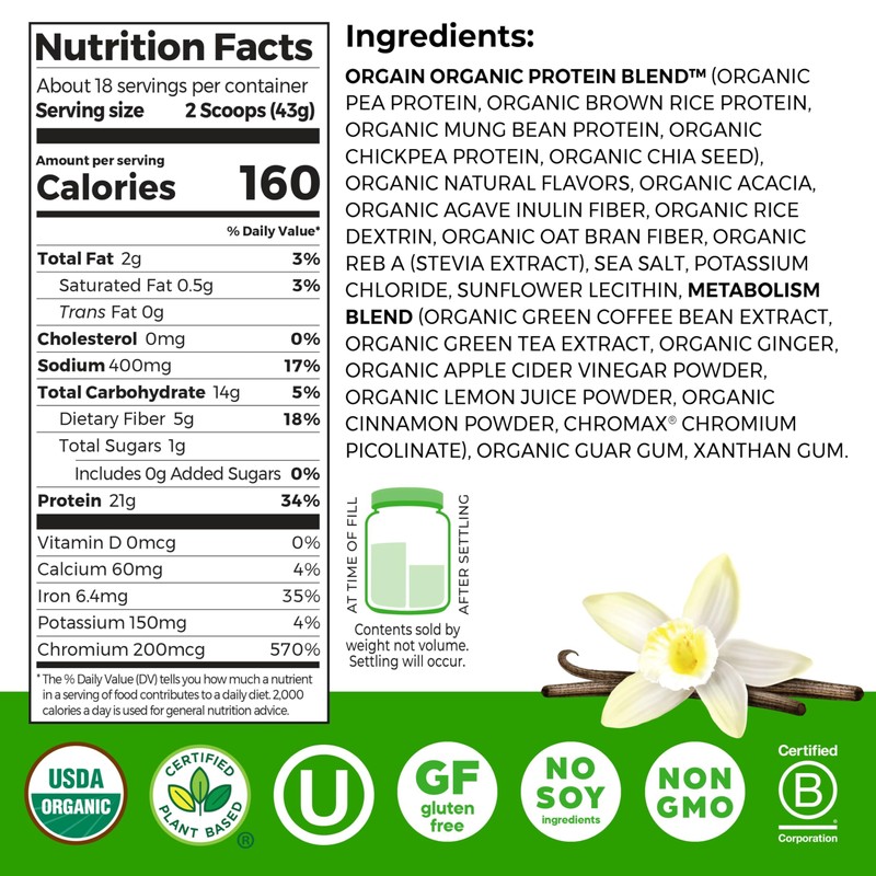 Orgain Organic Protein + Metabolism Blend Powder, Vanilla Bean -