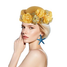 Petaluna Women's Flower Beret Suitable for Church Wearing Elegant Breathable Stewardess Hat Wedding and Party Retro French Headdress (Yellow, 22.44in-22.83in Freely Adjustable)