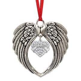 JUPPE Angel Wings Christmas Ornaments for Christmas Tree - Half of My Heart is in Heaven - Double Sided Memorial Ornament for Loss of Loved One - Luxurious Silk Ribbon (Silver -1)
