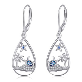 Sea Turtle Earrings for Women Sterling Silver Blue Opal Starfish Dangle Drop Earrings Beach Jewelry Gifts for Women (Sea Turtles Earrings)