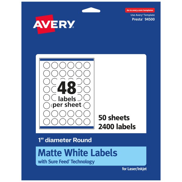 Avery Matte White Round Labels with Sure Feed, 1" Diameter,
